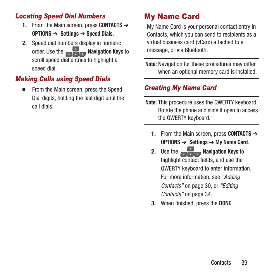 My name card, See “making calls using speed dials | Samsung SPH-M390ZSAVMU User Manual | Page 43 / 133