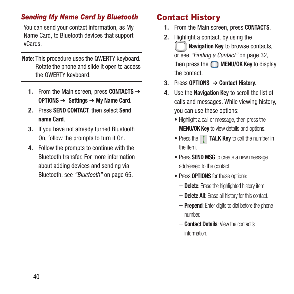 Contact history | Samsung SPH-M390ZSAVMU User Manual | Page 44 / 133