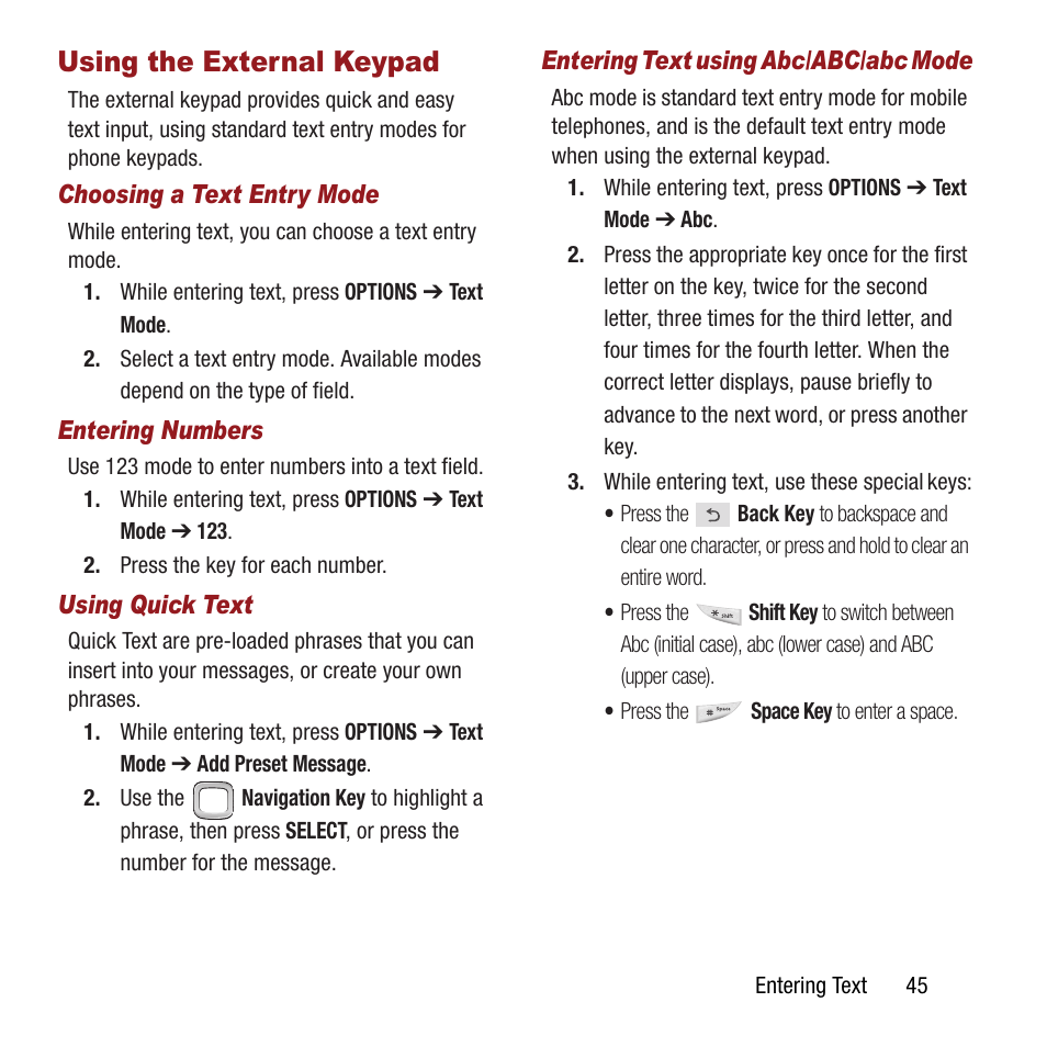 Using the external keypad | Samsung SPH-M390ZSAVMU User Manual | Page 49 / 133