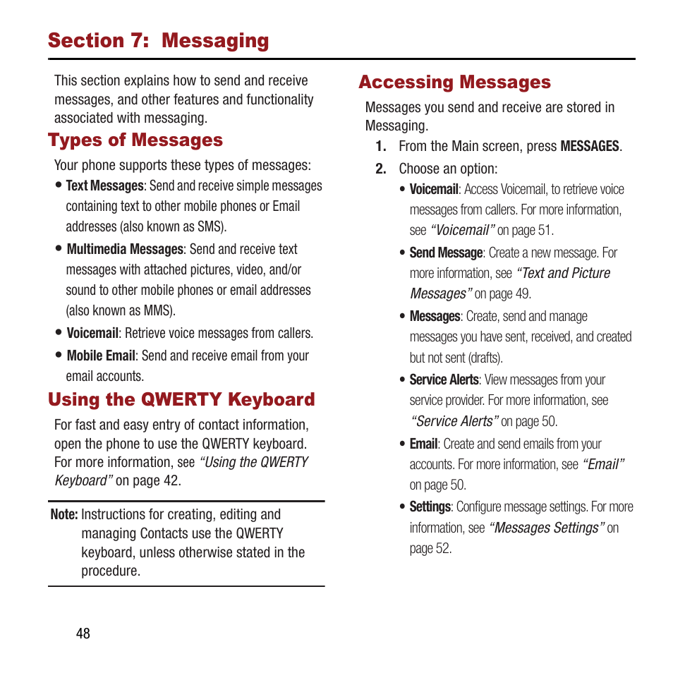 Section 7: messaging, Types of messages, Using the qwerty keyboard | Accessing messages | Samsung SPH-M390ZSAVMU User Manual | Page 52 / 133