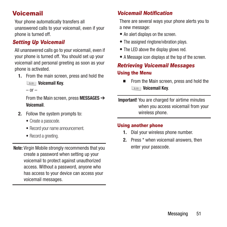 Voicemail | Samsung SPH-M390ZSAVMU User Manual | Page 55 / 133