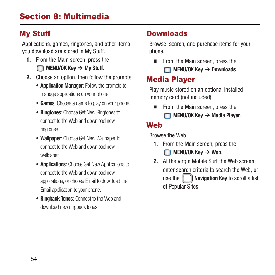 Section 8: multimedia, My stuff, Downloads | Media player, My stuff downloads media player web | Samsung SPH-M390ZSAVMU User Manual | Page 58 / 133