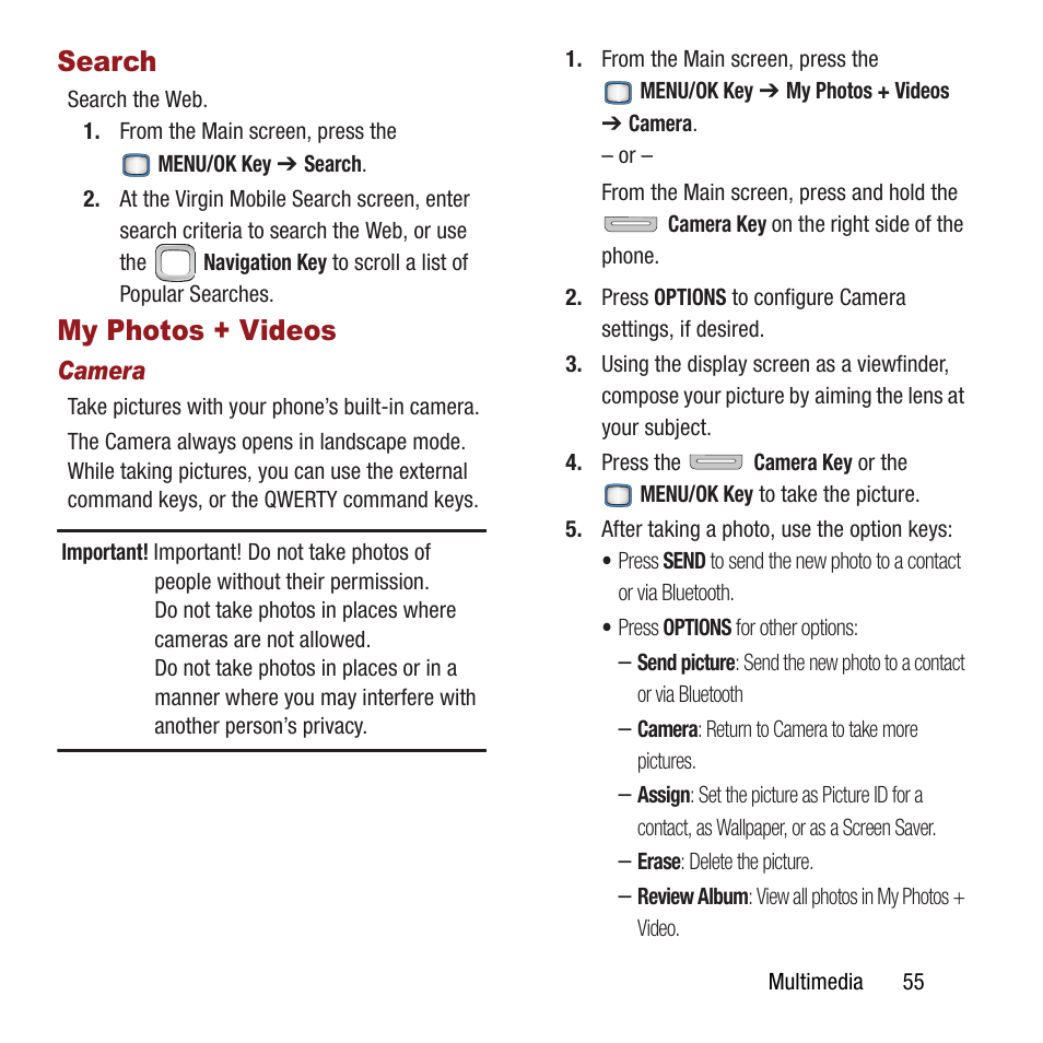 Search, My photos + videos, Search my photos + videos | Samsung SPH-M390ZSAVMU User Manual | Page 59 / 133