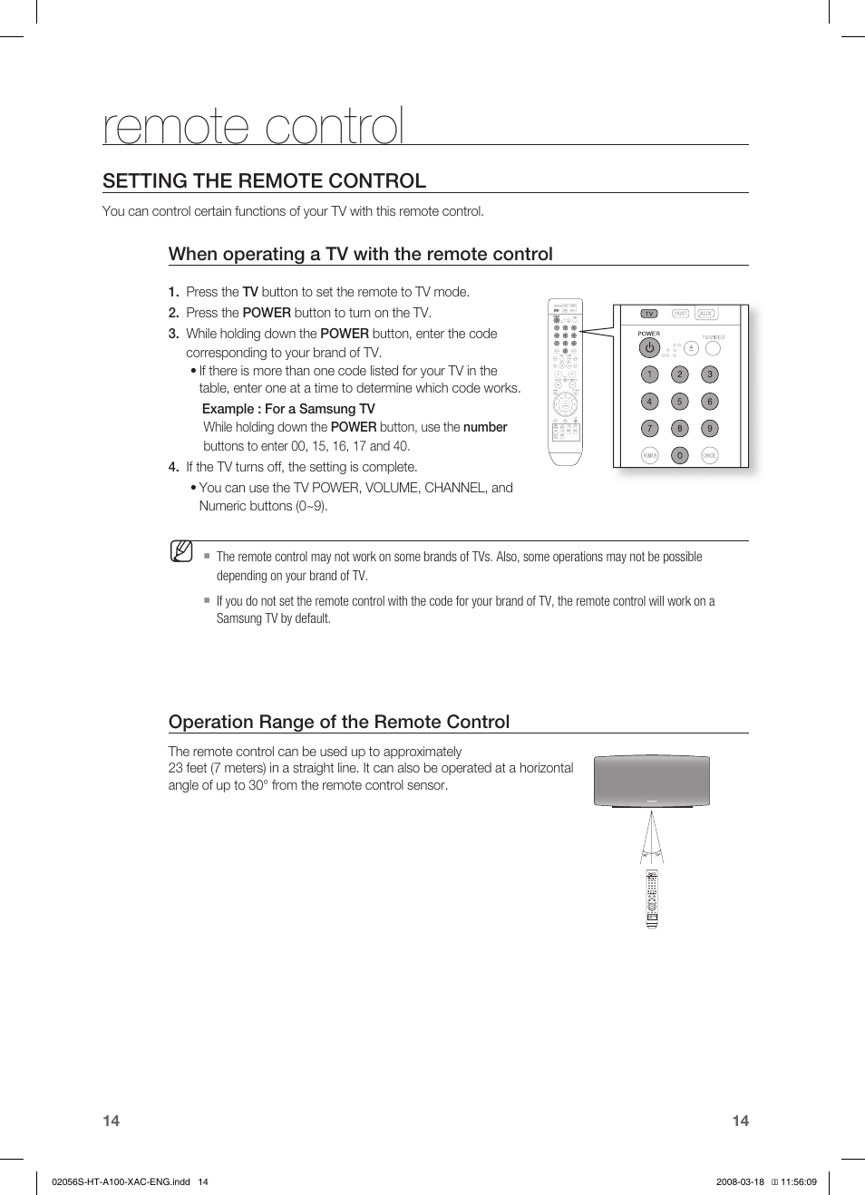 Remote control, Setting the remote control | Samsung HT-A100T-XAA User Manual | Page 14 / 60