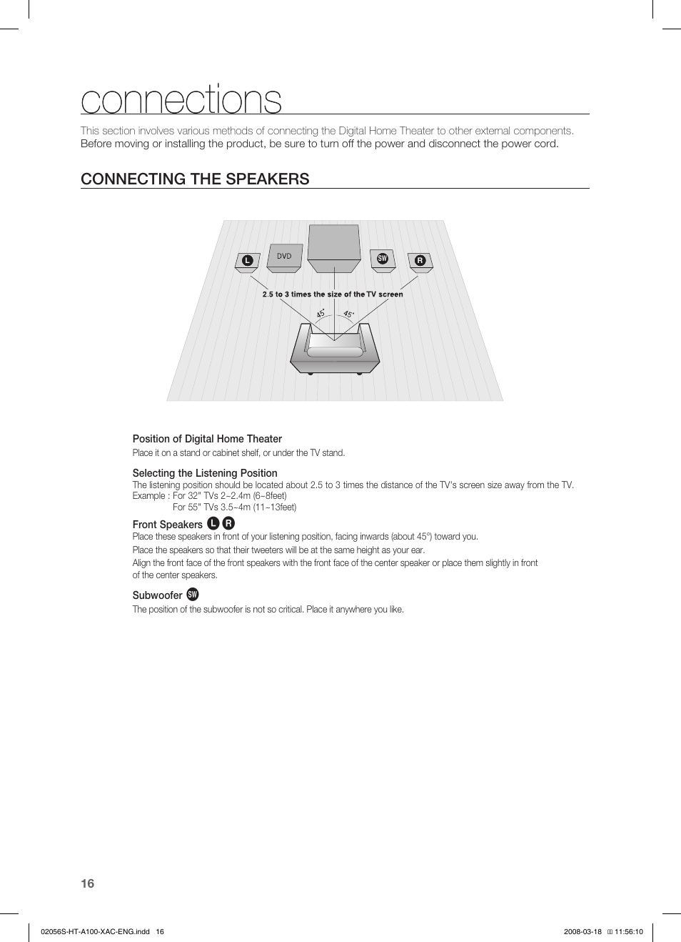 Connections, Connecting the speakers | Samsung HT-A100T-XAA User Manual | Page 16 / 60