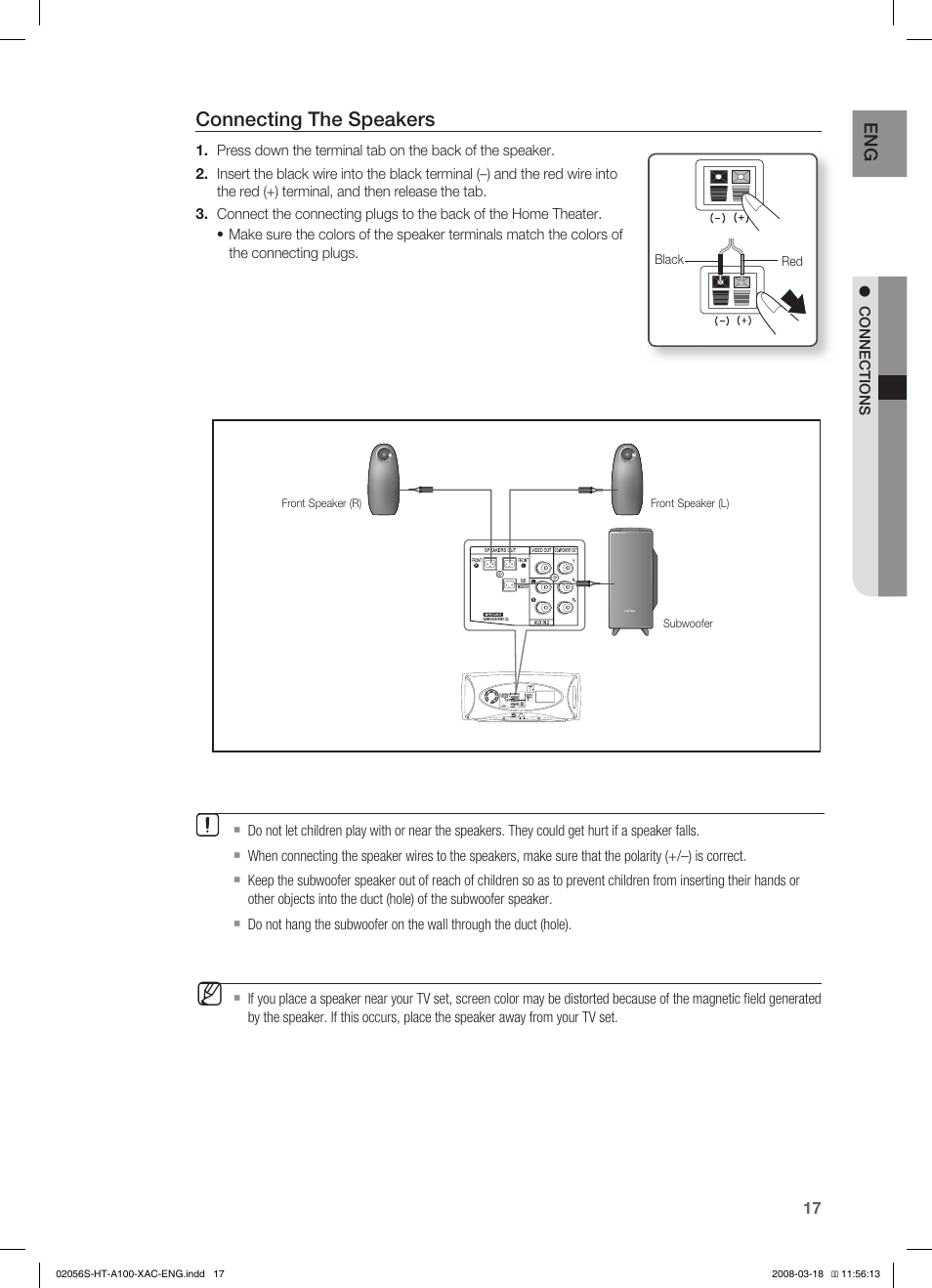 Connecting the speakers | Samsung HT-A100T-XAA User Manual | Page 17 / 60