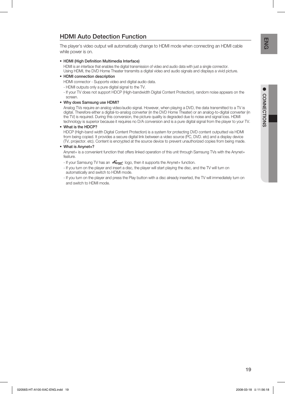 Hdmi auto detection function | Samsung HT-A100T-XAA User Manual | Page 19 / 60