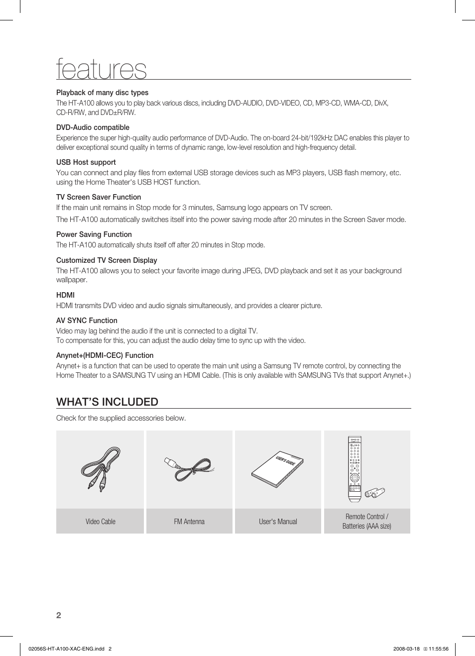 Features, Safety information, What’s included | Samsung HT-A100T-XAA User Manual | Page 2 / 60