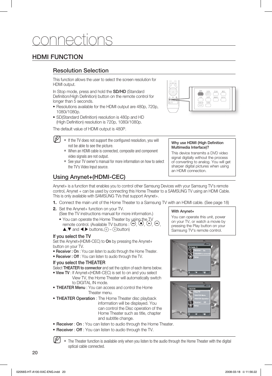 Connections, Hdmi function, Resolution selection | Using anynet+(hdmi-cec), If you select the tv, If you select the theater | Samsung HT-A100T-XAA User Manual | Page 20 / 60