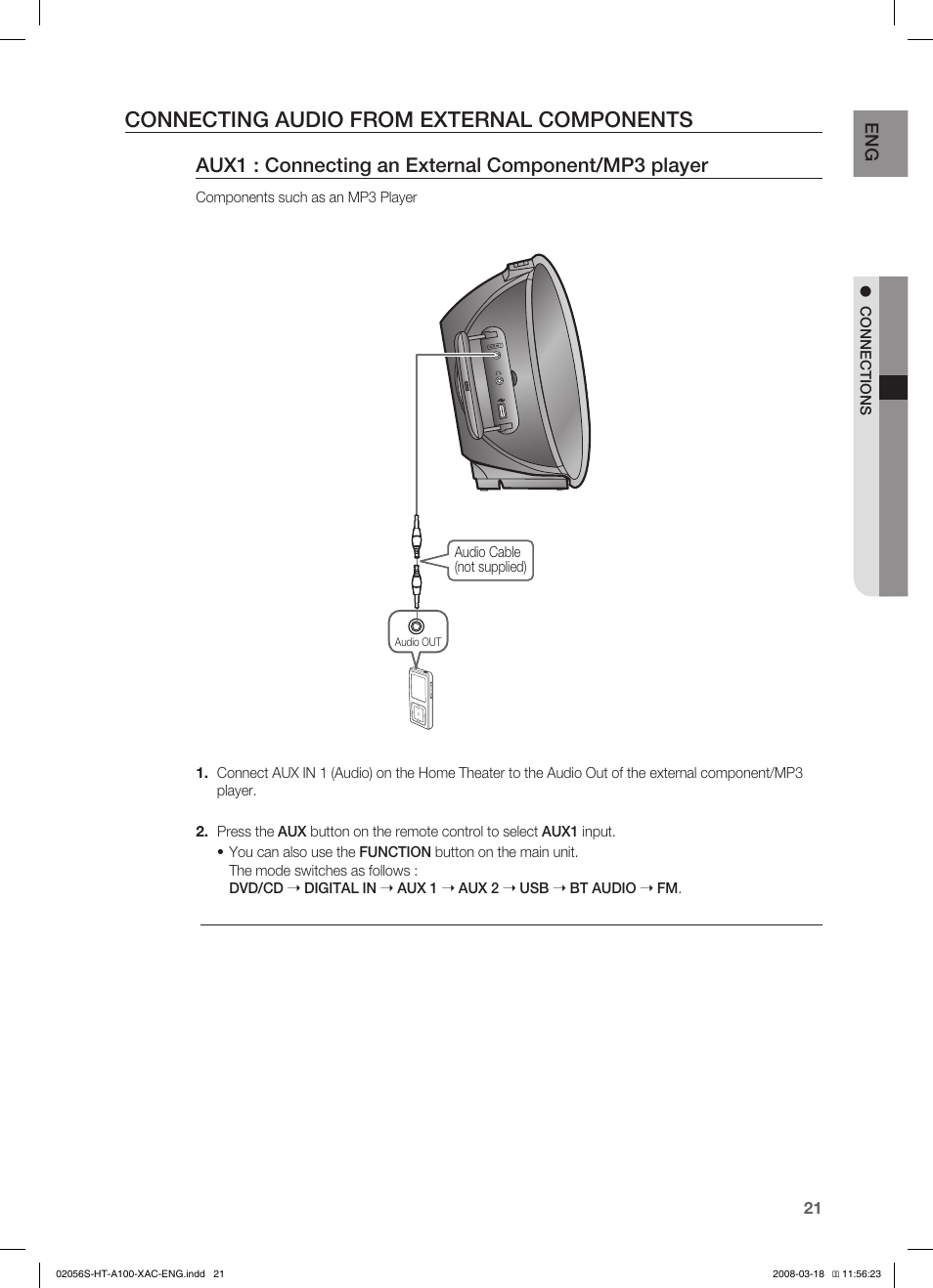 Connecting audio from external components, Aux1 : connecting an external component/mp3 player | Samsung HT-A100T-XAA User Manual | Page 21 / 60