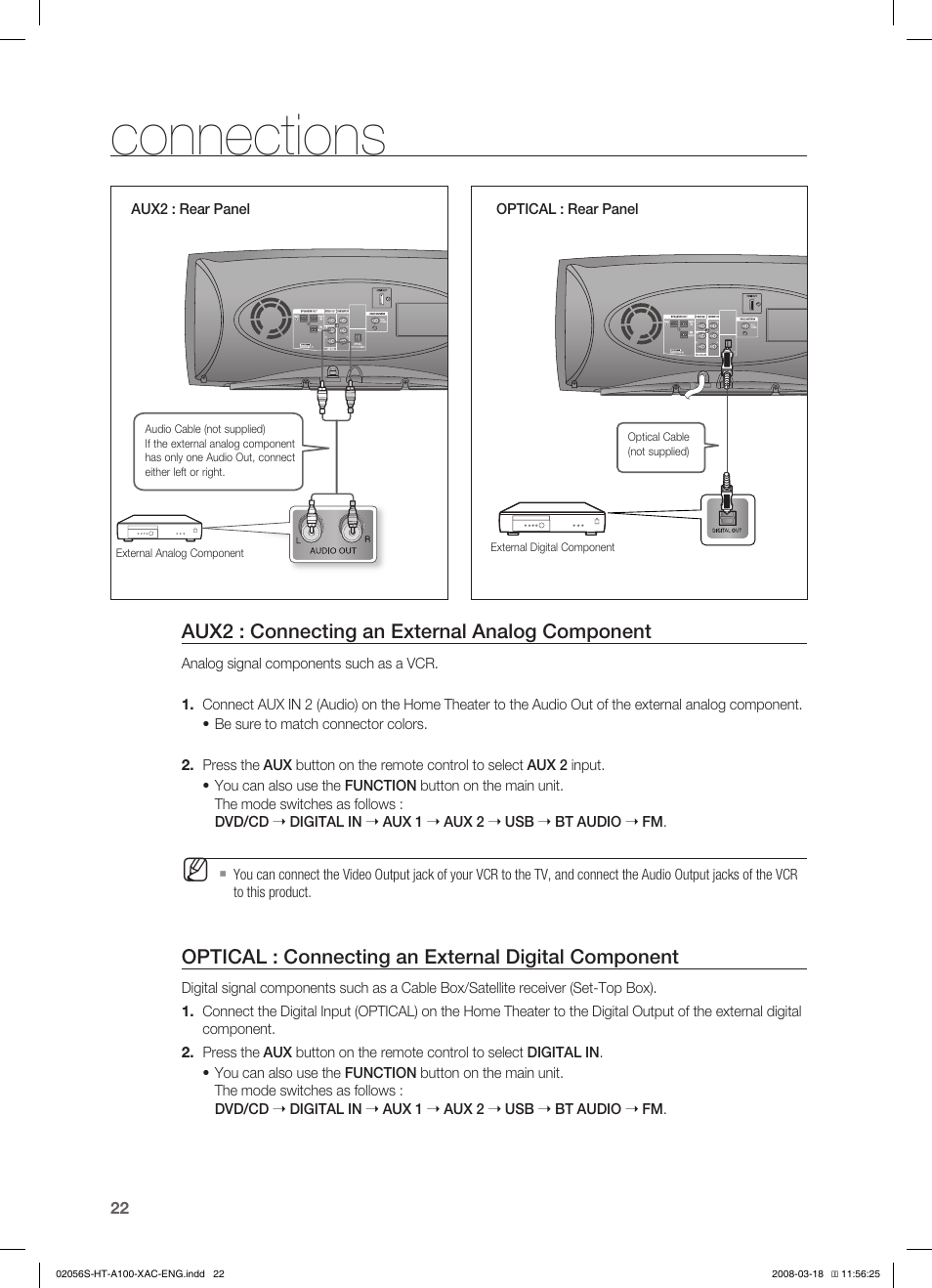 Connections, Aux2 : connecting an external analog component, Optical : connecting an external digital component | Samsung HT-A100T-XAA User Manual | Page 22 / 60