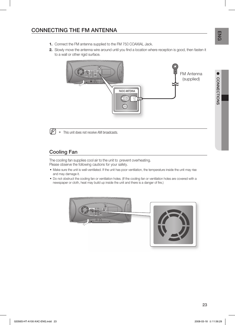 Connecting the fm antenna, Cooling fan | Samsung HT-A100T-XAA User Manual | Page 23 / 60
