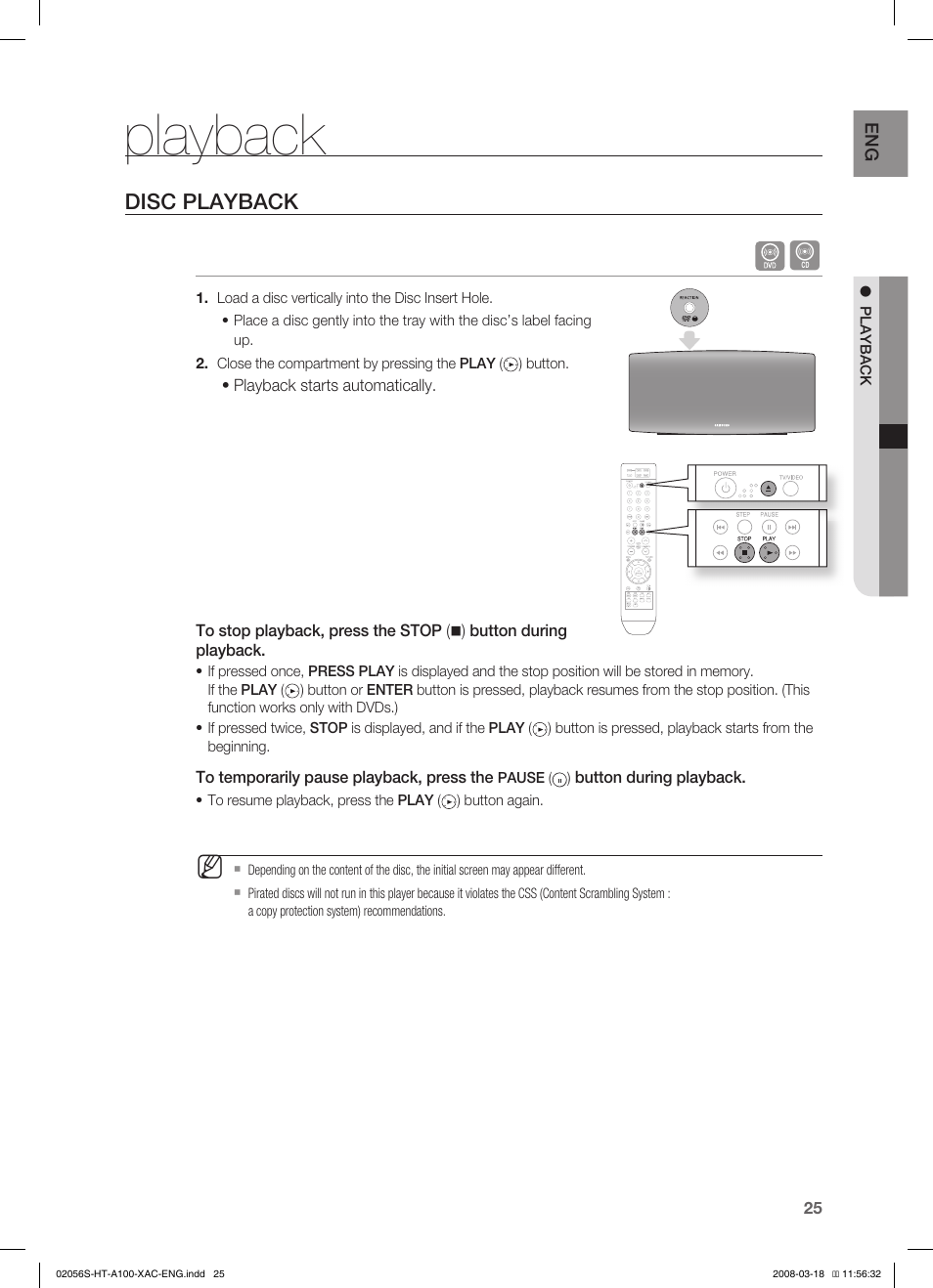 Playback, Disc playback | Samsung HT-A100T-XAA User Manual | Page 25 / 60