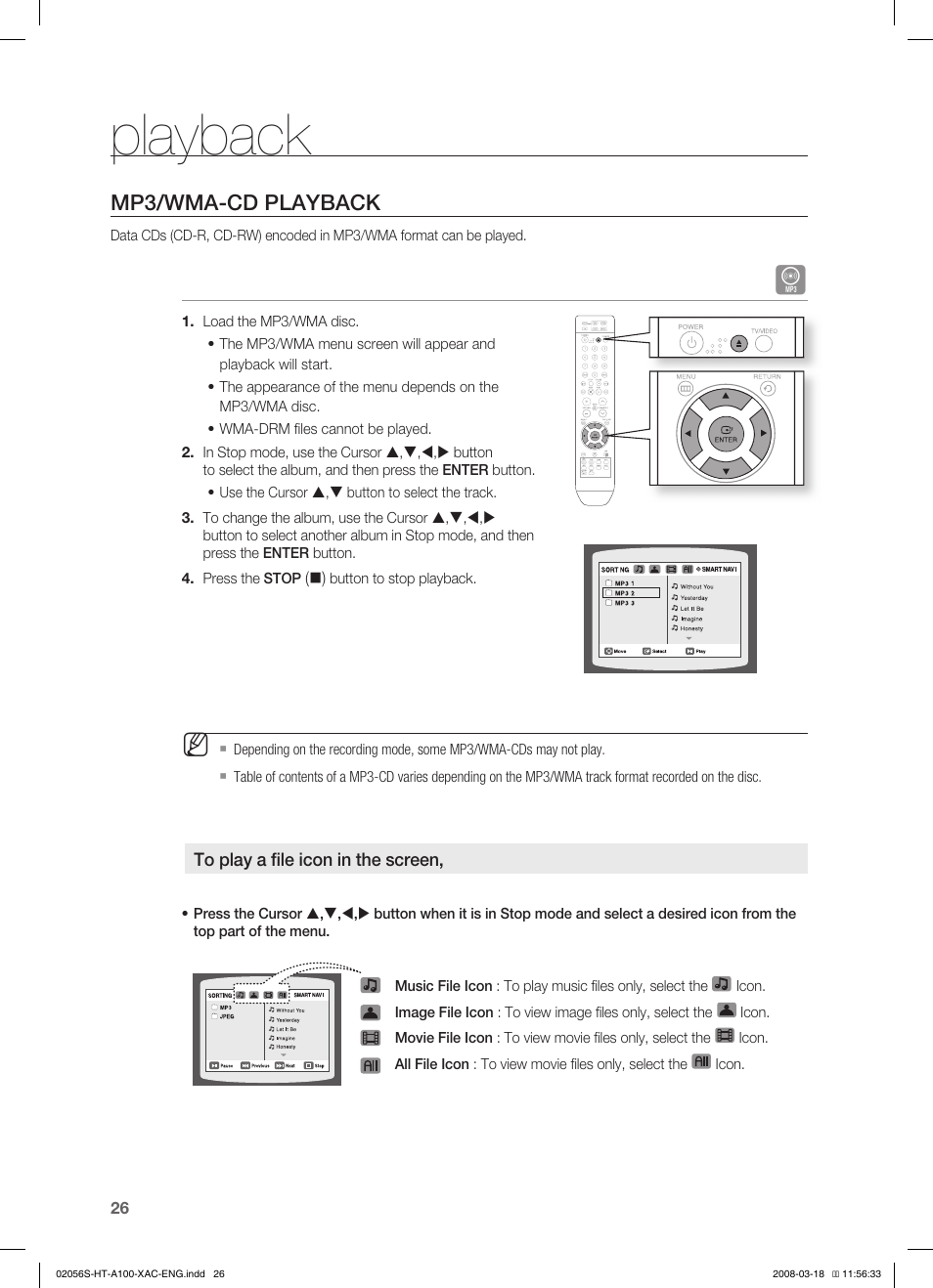 Playback, Mp3/wma-cd playback | Samsung HT-A100T-XAA User Manual | Page 26 / 60