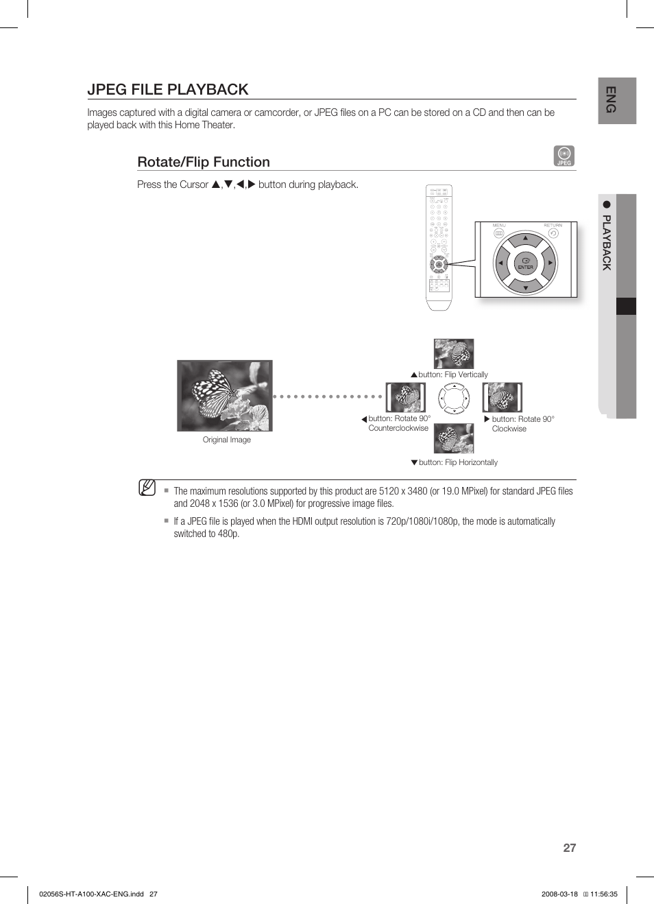 Jpeg file playback, Rotate/flip function | Samsung HT-A100T-XAA User Manual | Page 27 / 60