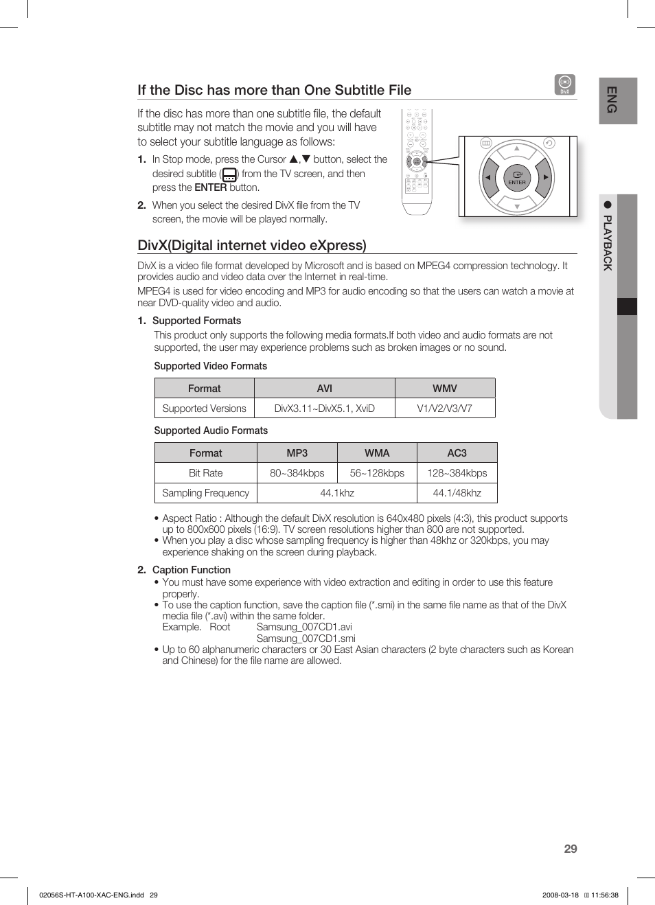 If the disc has more than one subtitle file, Divx(digital internet video express) | Samsung HT-A100T-XAA User Manual | Page 29 / 60