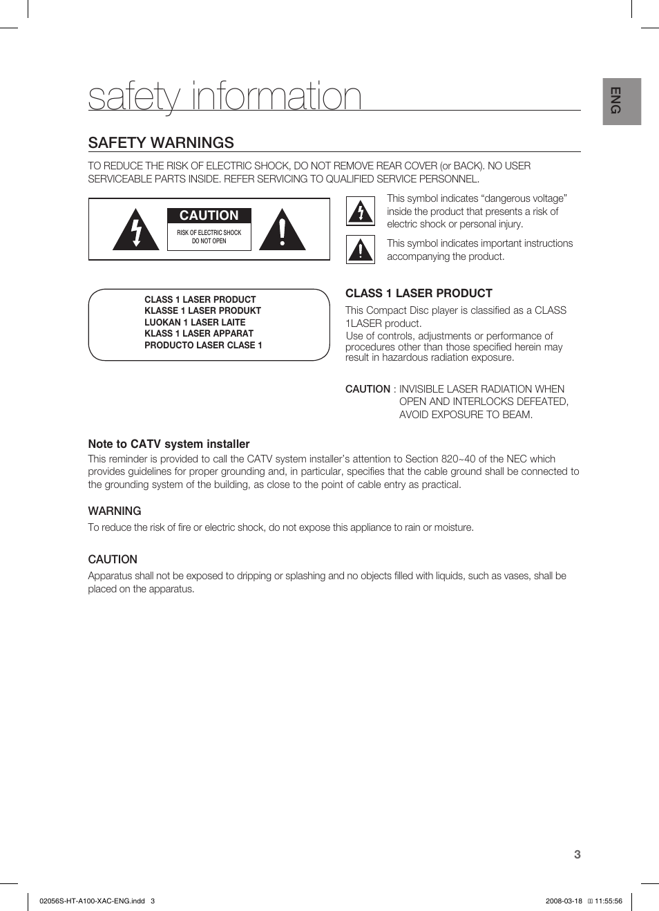 Safety information, Safety warnings | Samsung HT-A100T-XAA User Manual | Page 3 / 60