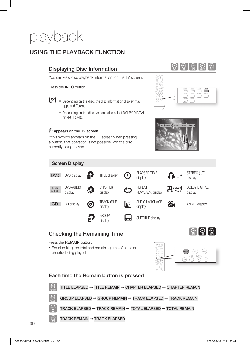 Playback, Bagd, Using the playback function | Samsung HT-A100T-XAA User Manual | Page 30 / 60