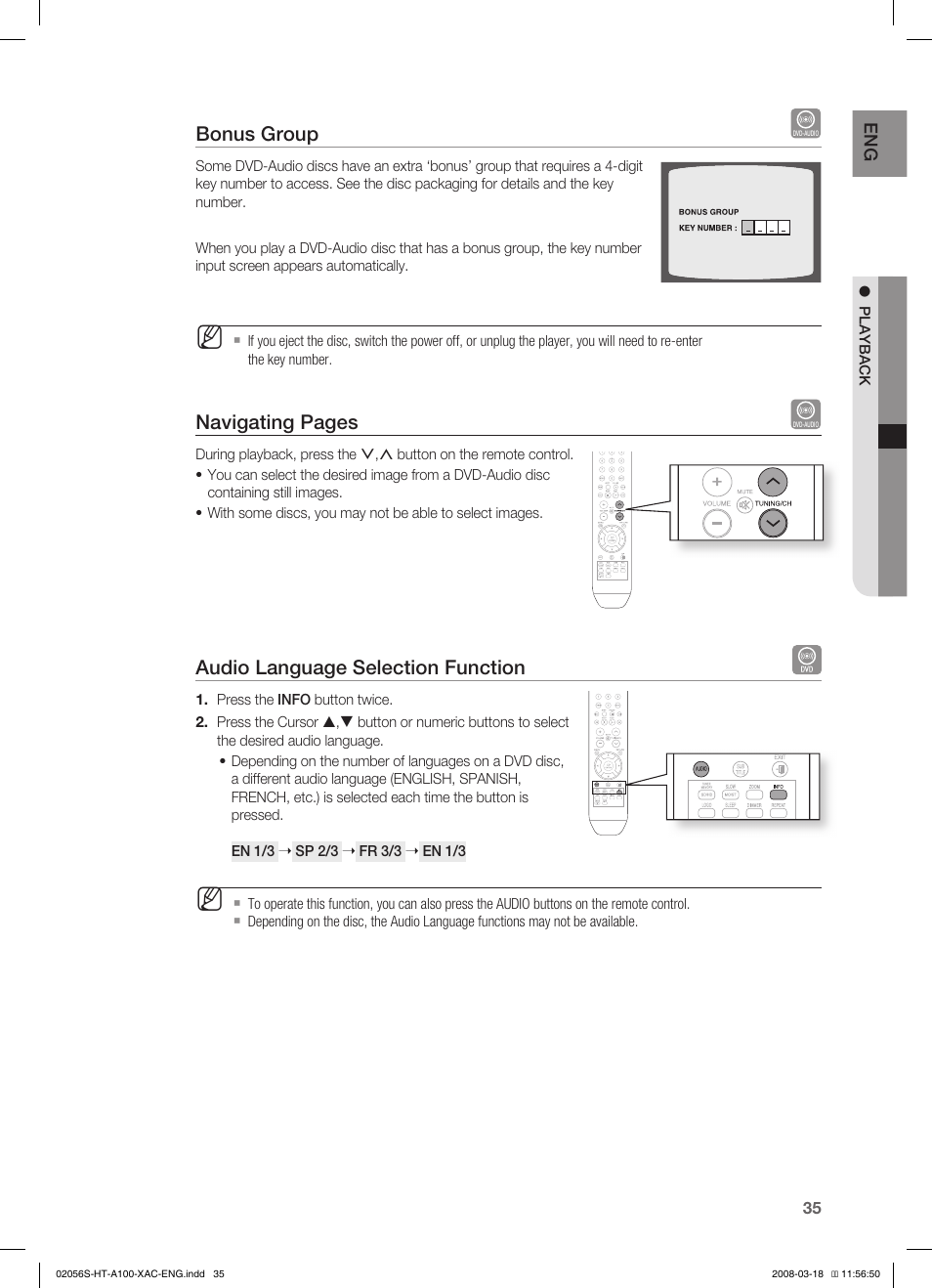 Bonus group, Navigating pages, Audio language selection function | Samsung HT-A100T-XAA User Manual | Page 35 / 60