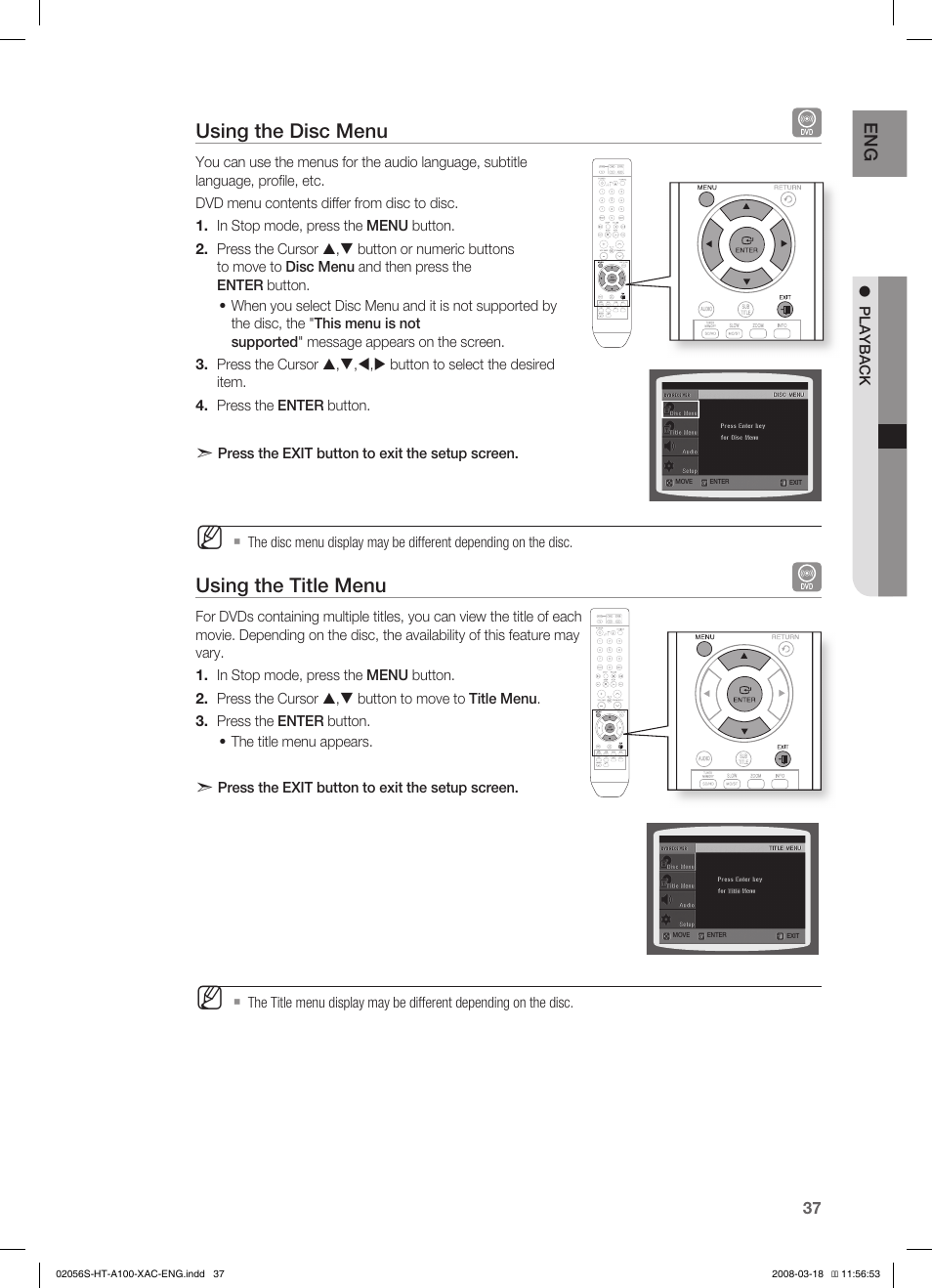 Using the disc menu, Using the title menu | Samsung HT-A100T-XAA User Manual | Page 37 / 60