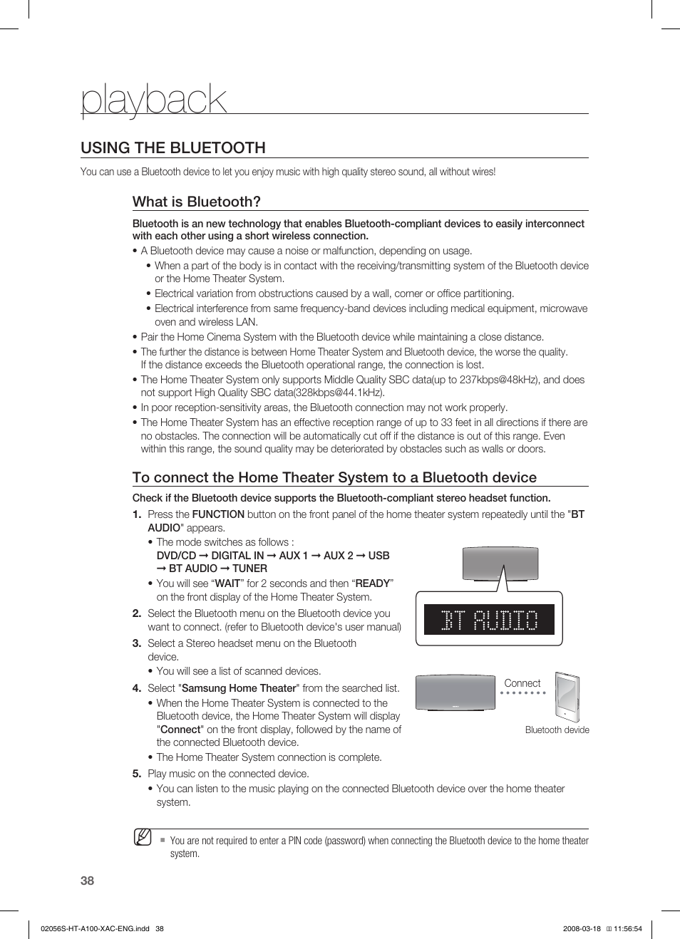 Playback, Using the bluetooth, What is bluetooth | Samsung HT-A100T-XAA User Manual | Page 38 / 60