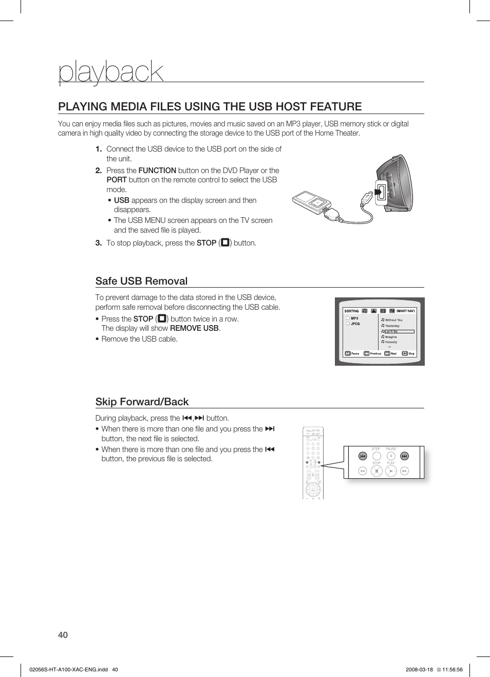 System setup, Playback, Playing media files using the usb host feature | Samsung HT-A100T-XAA User Manual | Page 40 / 60