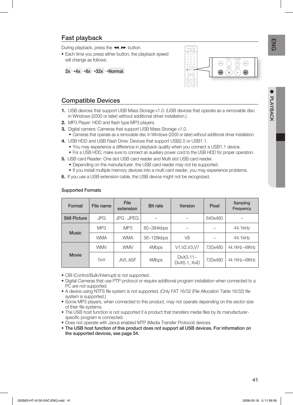 Fast playback, Compatible devices | Samsung HT-A100T-XAA User Manual | Page 41 / 60