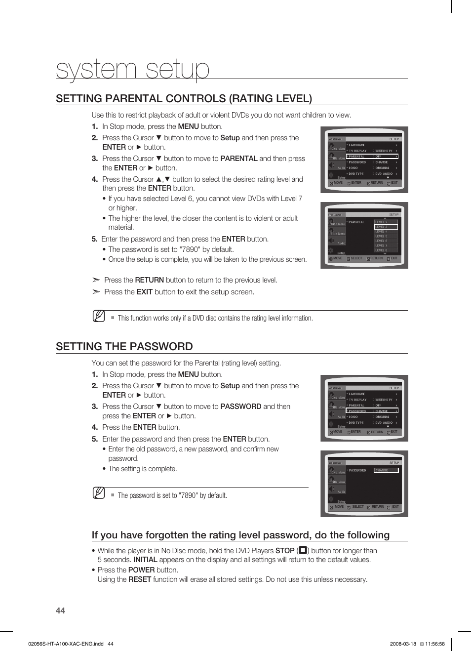 System setup, Setting parental controls (rating level), Setting the password | Samsung HT-A100T-XAA User Manual | Page 44 / 60