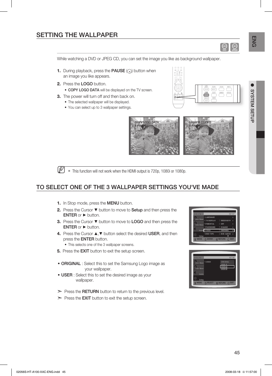 Setting the wallpaper | Samsung HT-A100T-XAA User Manual | Page 45 / 60
