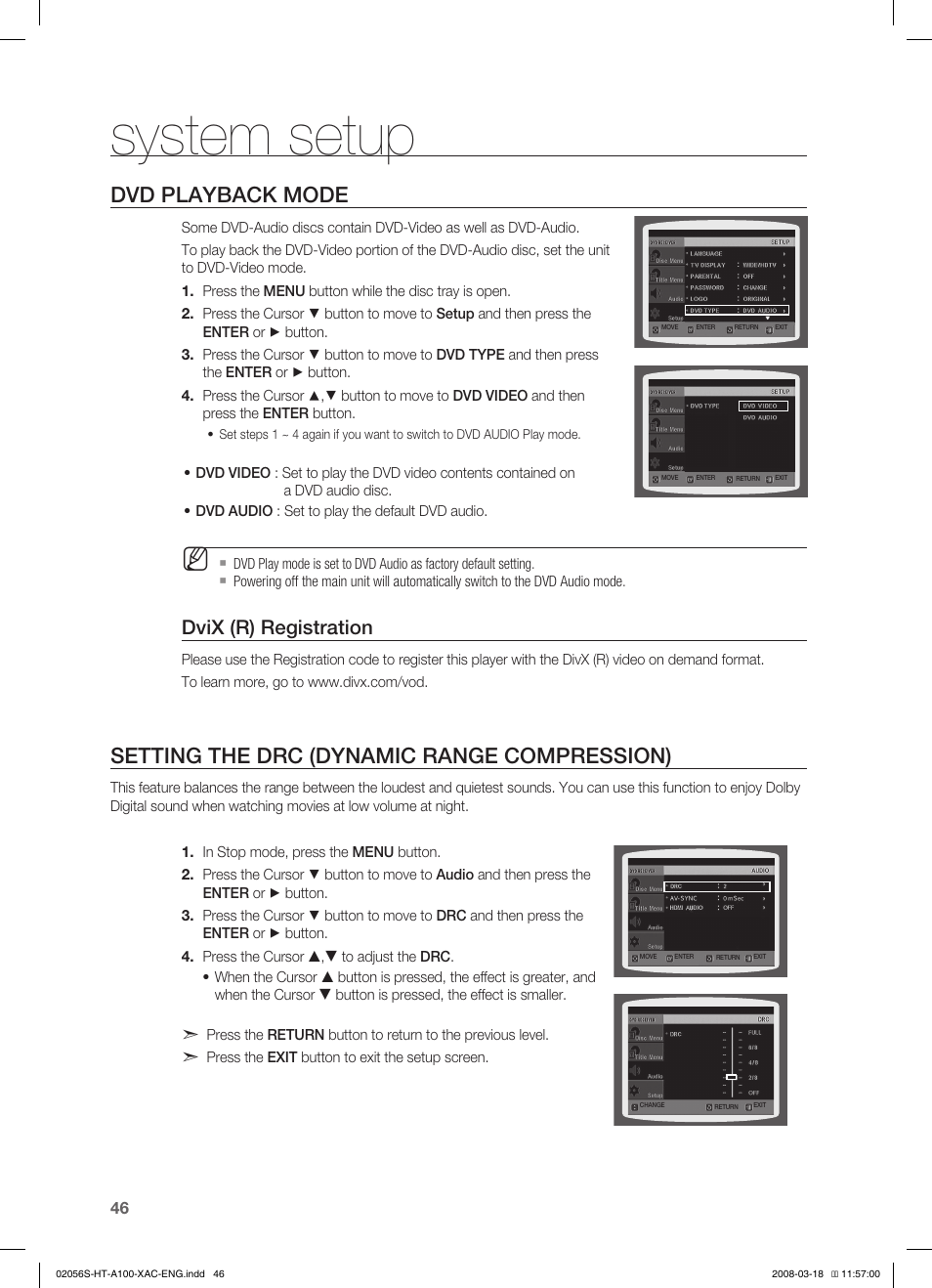 System setup, Dvd playback mode, Setting the drc (dynamic range compression) | Dvix (r) registration | Samsung HT-A100T-XAA User Manual | Page 46 / 60