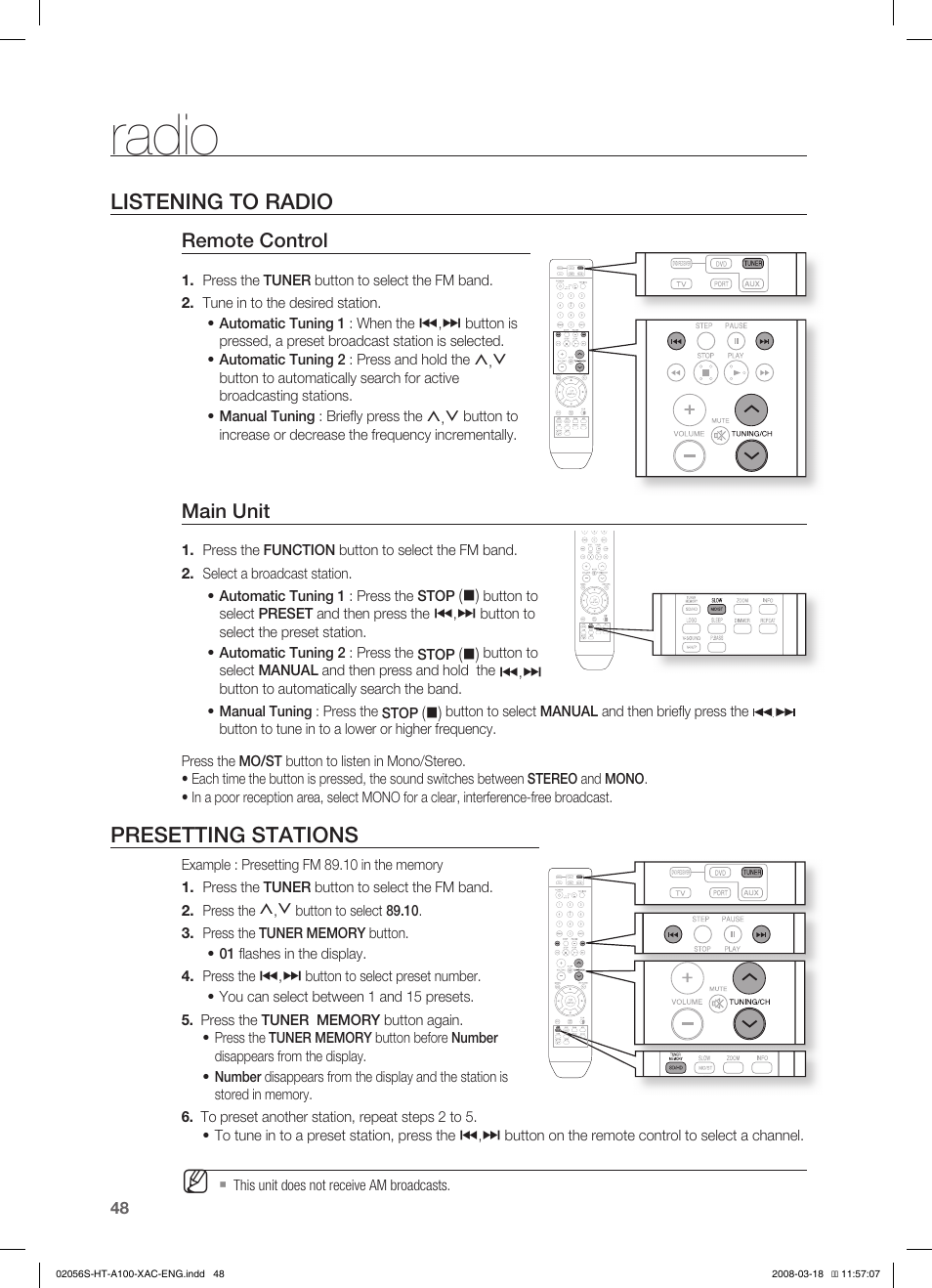 Radio, Convenient function, Listening to radio | Presetting stations, Remote control, Main unit | Samsung HT-A100T-XAA User Manual | Page 48 / 60