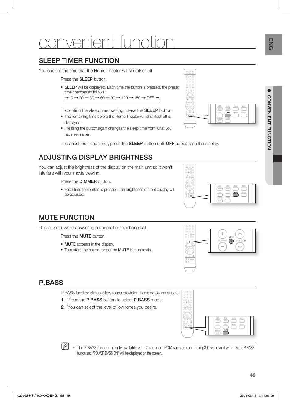 Convenient function, Sleep timer function, Adjusting display brightness | Mute function, P.bass | Samsung HT-A100T-XAA User Manual | Page 49 / 60