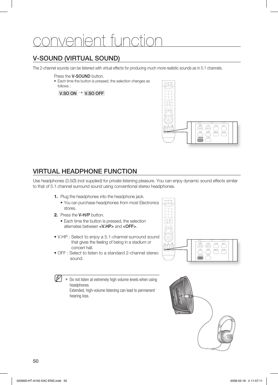 Troubleshooting, Convenient function, V-sound (virtual sound) | Virtual headphone function | Samsung HT-A100T-XAA User Manual | Page 50 / 60