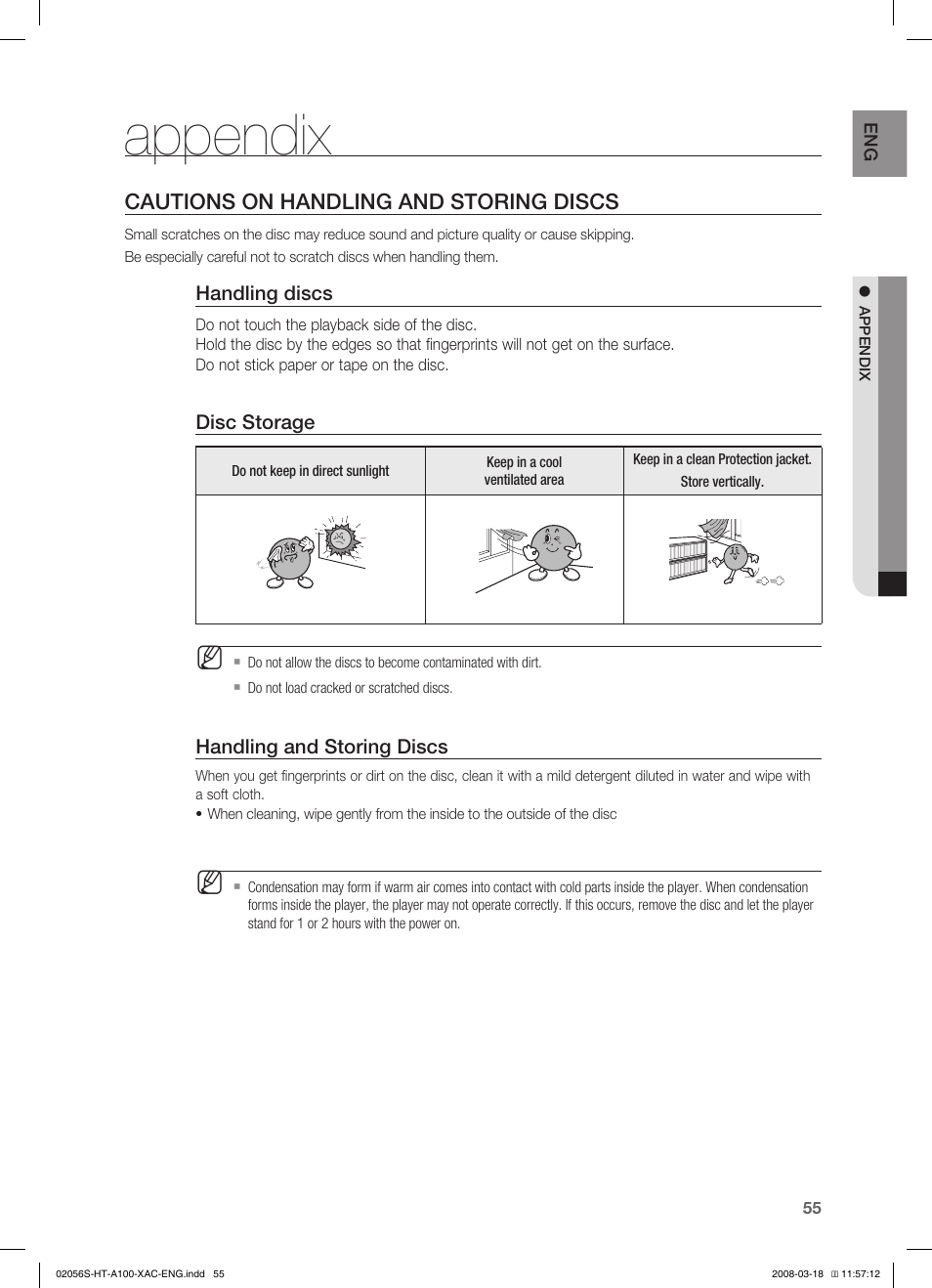 Appendix, Cautions on handling and storing discs | Samsung HT-A100T-XAA User Manual | Page 55 / 60