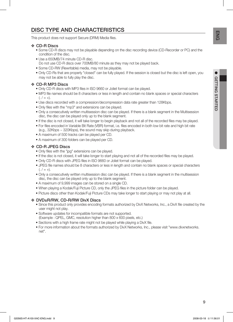 Disc type and characteristics | Samsung HT-A100T-XAA User Manual | Page 9 / 60