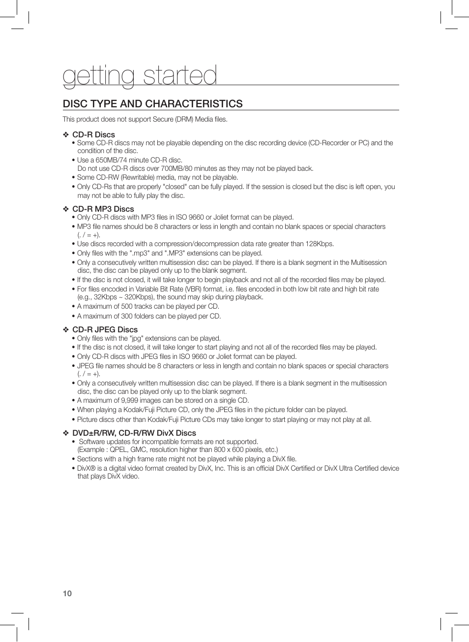 Getting started, Disc type and characteristics | Samsung HT-Z420T-XAA User Manual | Page 10 / 78