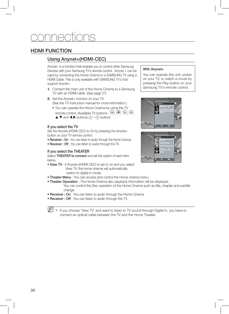 Hdmi function, Connections, Using anynet+(hdmi-cec) | If you select the tv, If you select the theater | Samsung HT-Z420T-XAA User Manual | Page 30 / 78