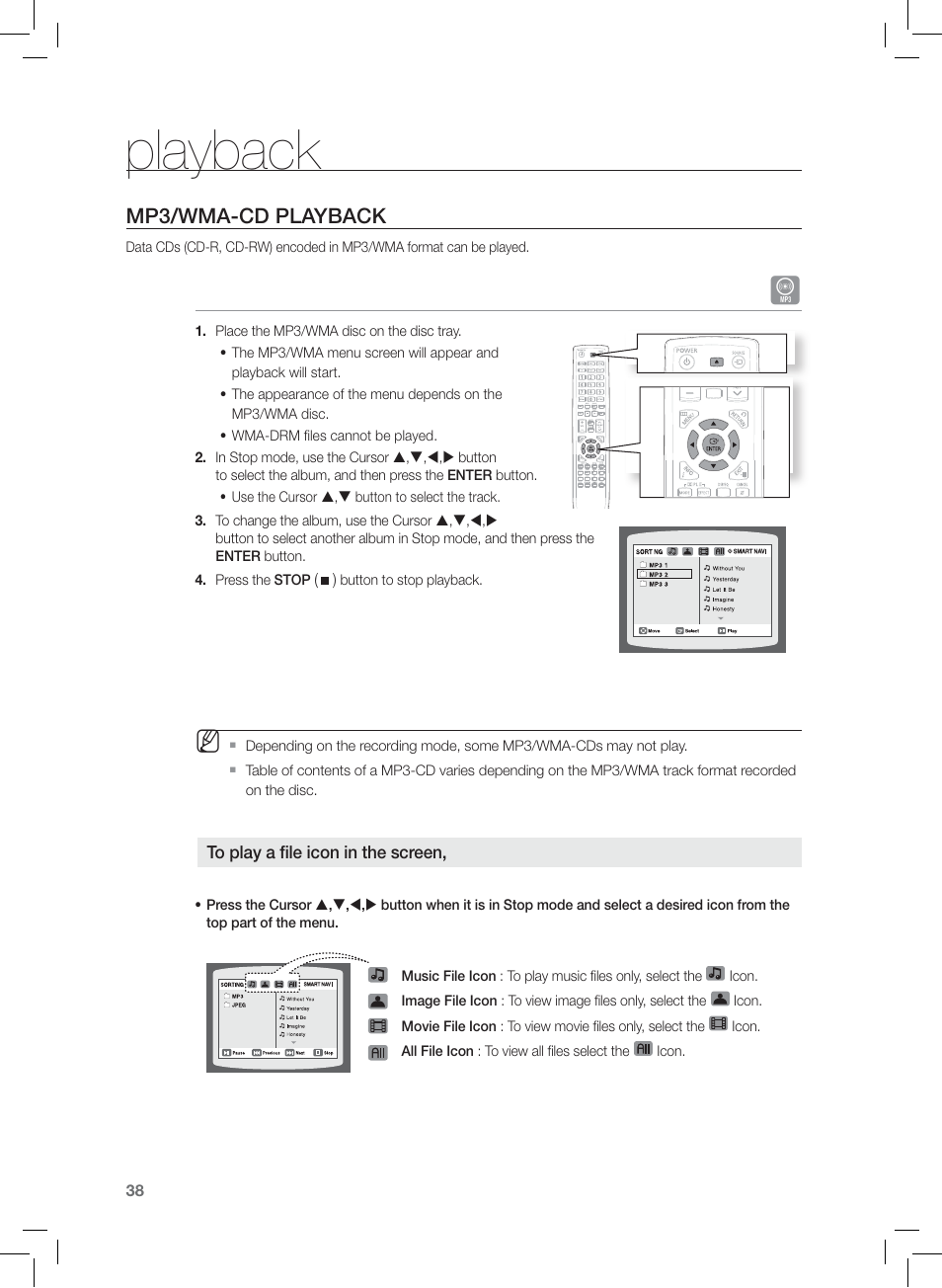 Playback, Mp3/wma-cd playback | Samsung HT-Z420T-XAA User Manual | Page 38 / 78