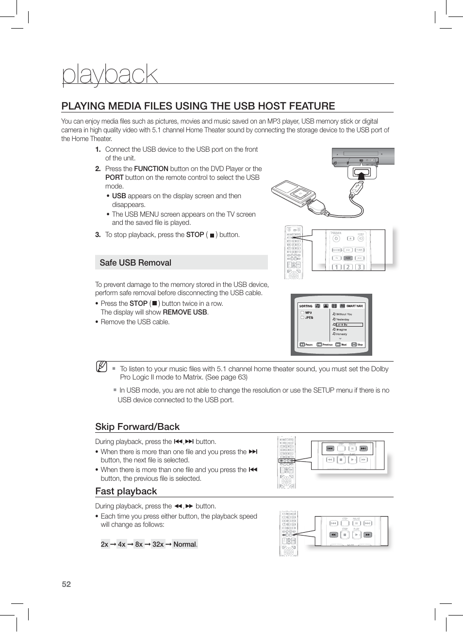 Playback, Playing media files using the usb host feature | Samsung HT-Z420T-XAA User Manual | Page 52 / 78