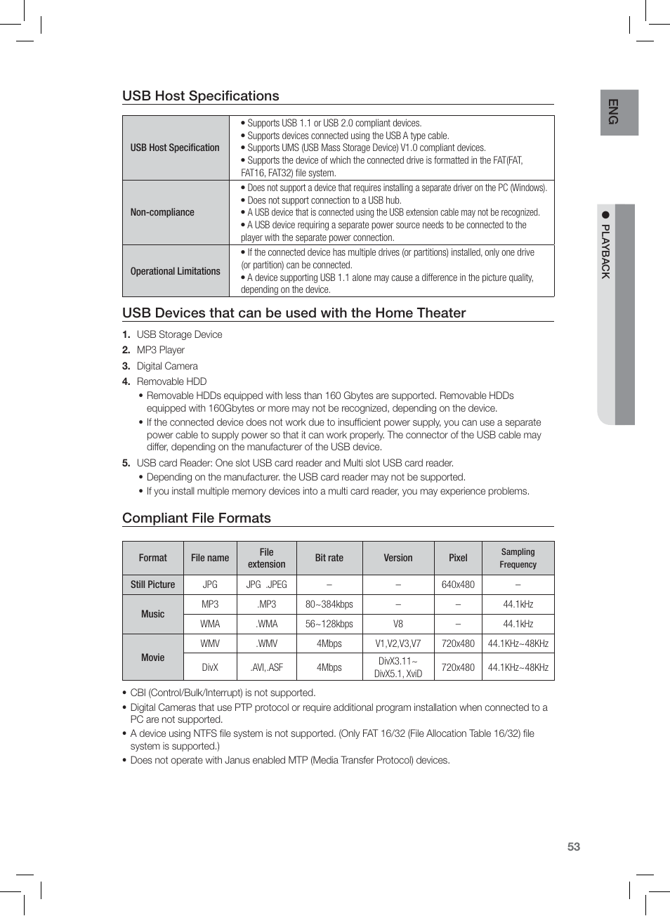 Usb host specifications, Usb devices that can be used with the home theater, Compliant file formats | En g | Samsung HT-Z420T-XAA User Manual | Page 53 / 78