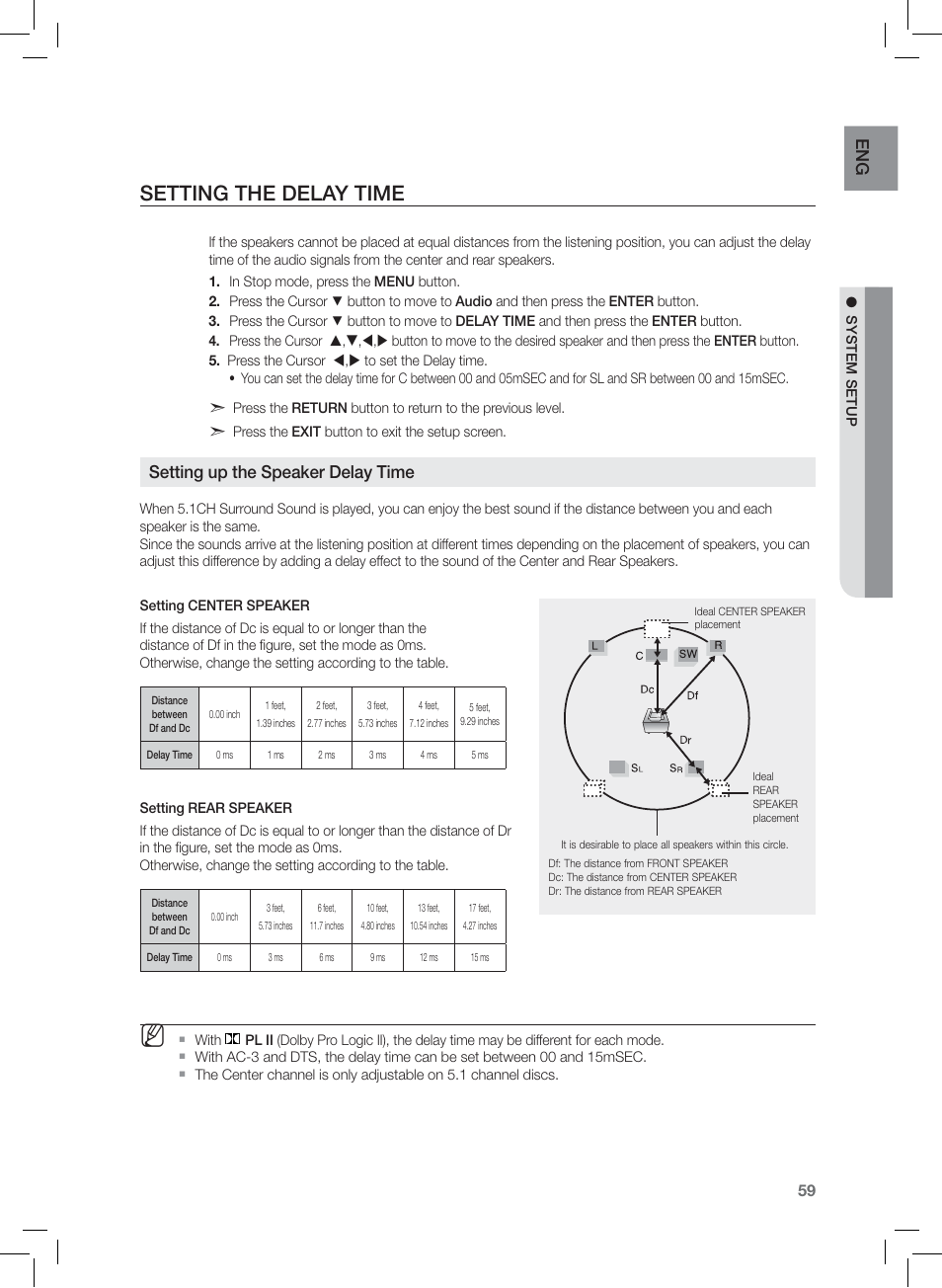 Seting the delay time, Setting the delay time, En g | Setting up the speaker delay time | Samsung HT-Z420T-XAA User Manual | Page 59 / 78