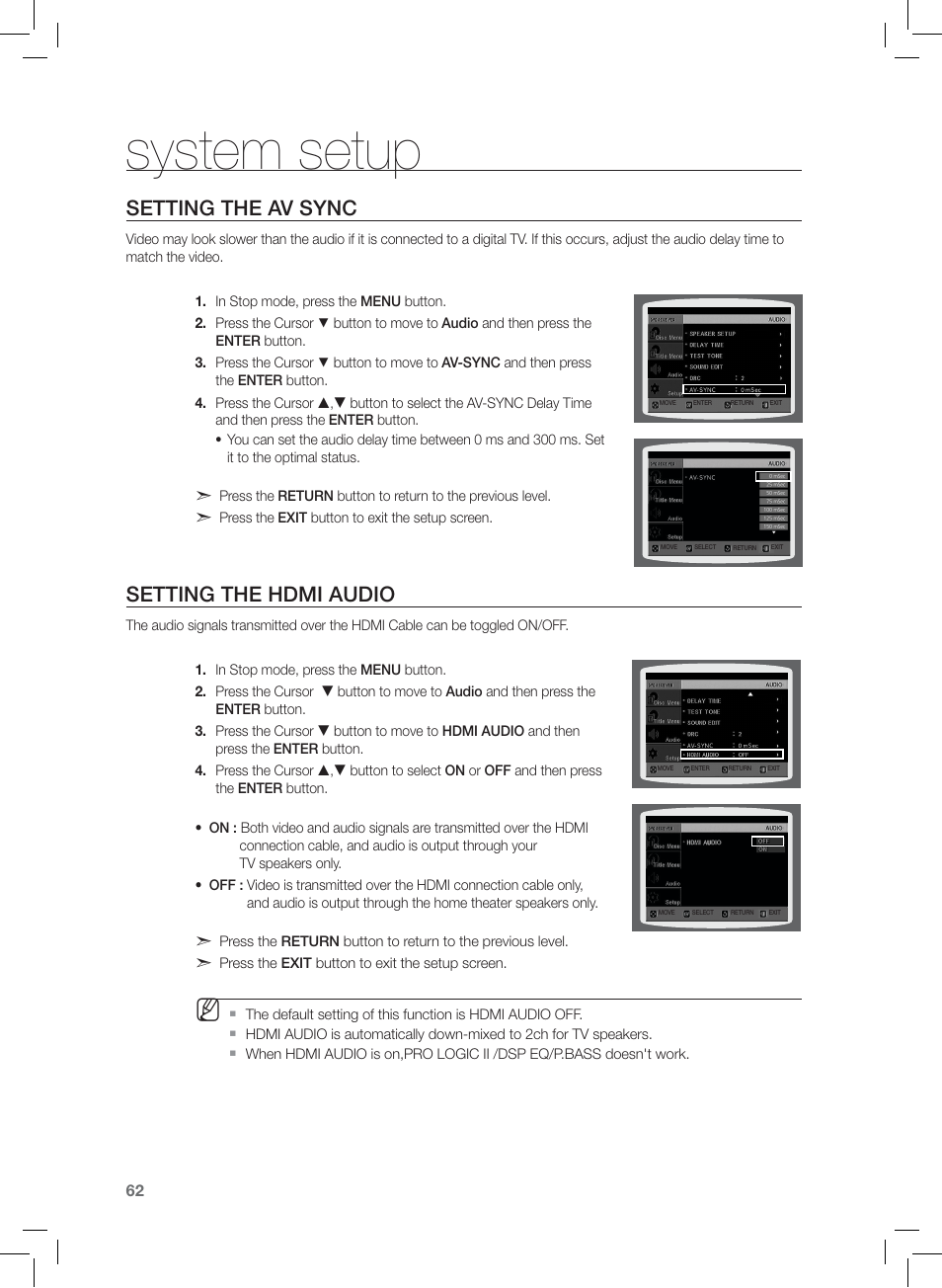 Seting the av sync, Seting the hdmi audio, System setup | Setting the av sync, Setting the hdmi audio | Samsung HT-Z420T-XAA User Manual | Page 62 / 78