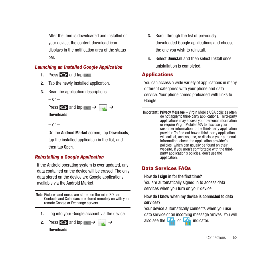 Applications, Data services faqs, Applications data services faqs | Samsung SPH-M910CAAVMU User Manual | Page 100 / 156