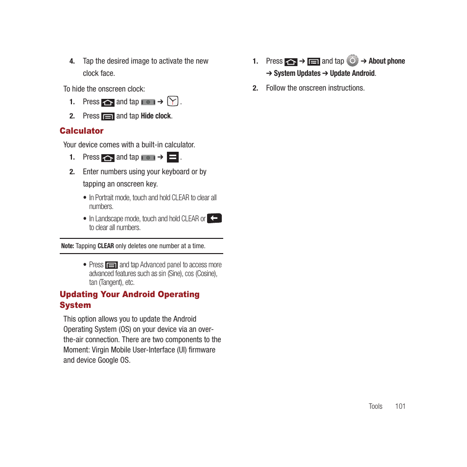Calculator, Updating your android operating system, Calculator updating your android operating system | Samsung SPH-M910CAAVMU User Manual | Page 108 / 156