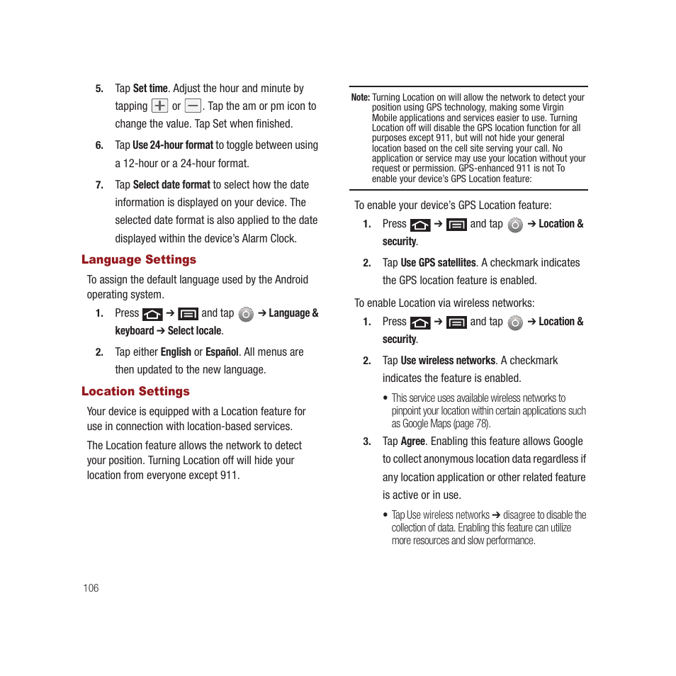 Language settings, Location settings, Language settings location settings | Samsung SPH-M910CAAVMU User Manual | Page 113 / 156