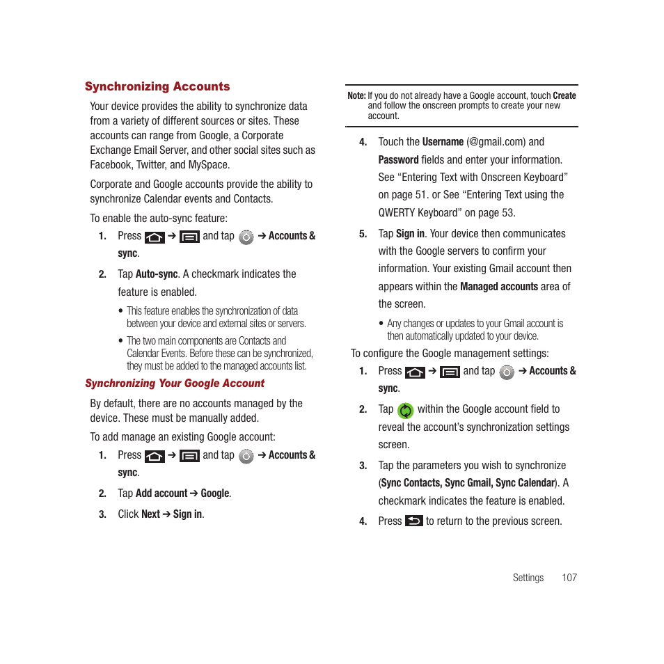 Synchronizing accounts, See “synchronizing | Samsung SPH-M910CAAVMU User Manual | Page 114 / 156