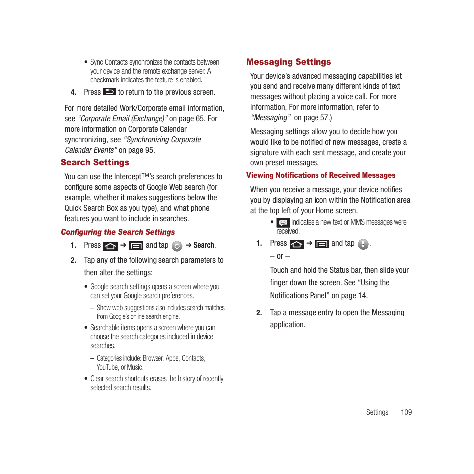 Search settings, Messaging settings, Search settings messaging settings | Samsung SPH-M910CAAVMU User Manual | Page 116 / 156