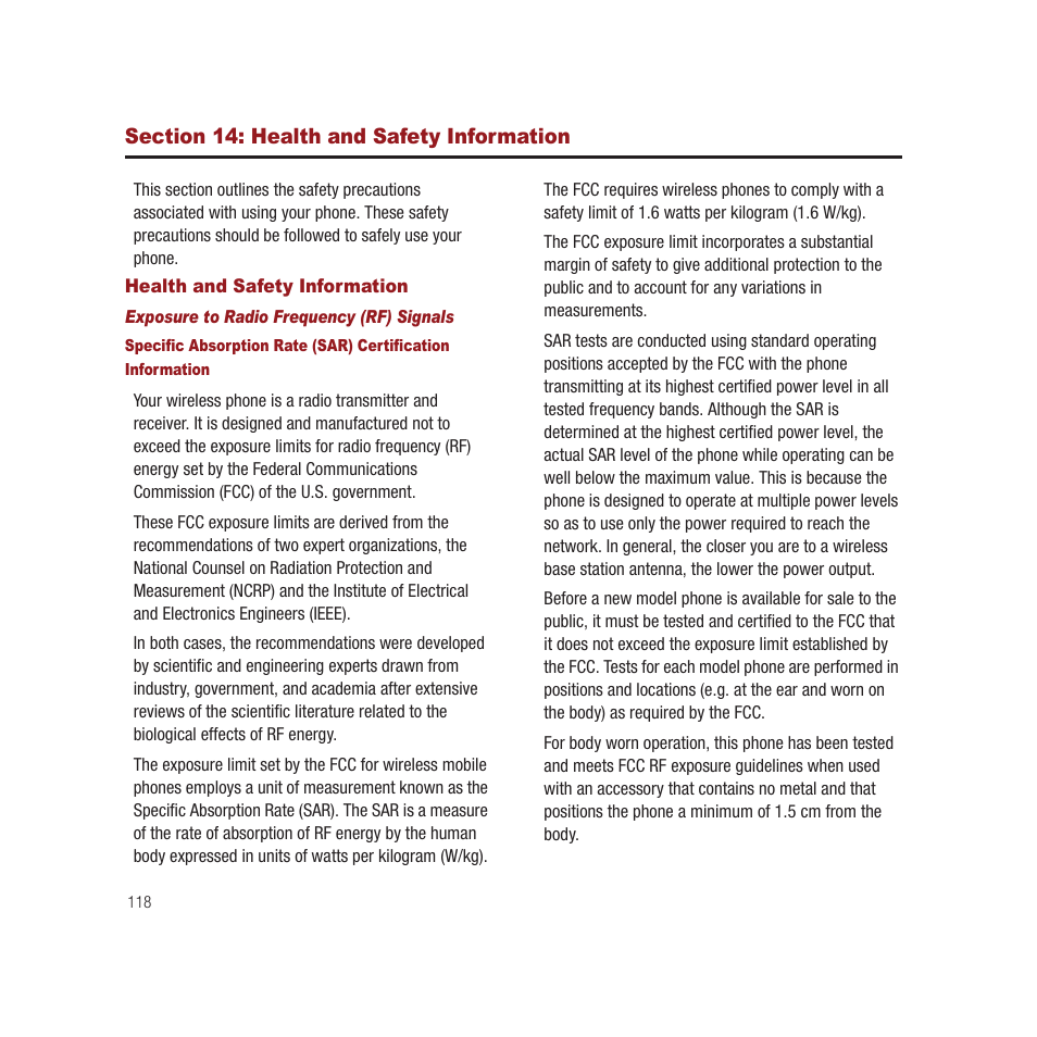 Section 14: health and safety information, Health and safety information, Section 14 | Samsung SPH-M910CAAVMU User Manual | Page 125 / 156