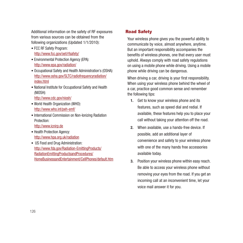 Road safety | Samsung SPH-M910CAAVMU User Manual | Page 133 / 156