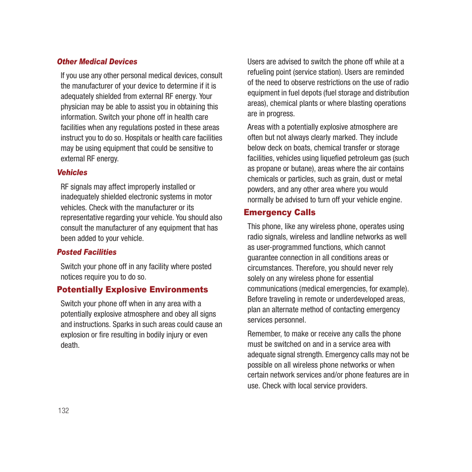 Potentially explosive environments, Emergency calls, Potentially explosive environments emergency calls | Samsung SPH-M910CAAVMU User Manual | Page 139 / 156